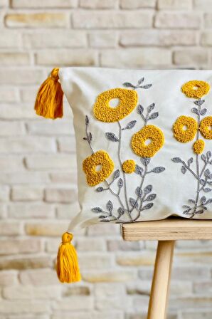 Swita Home Punch İşlemeli Tekli Dekoratif  Papatya Desen Kırlent Kılıfı (panç)