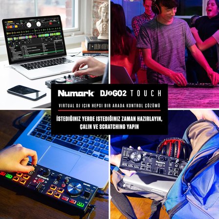 DJ2GO2 Touch – Yolculuk için mini DJ kontrol cihazı – 2 panelli USB DJ konsolu, ses arayüzü ve kapasiteli Jogwheels, 4 Pad modu; yazılım dahil