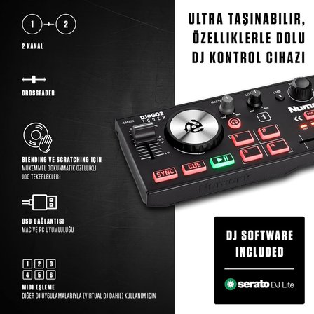 DJ2GO2 Touch – Yolculuk için mini DJ kontrol cihazı – 2 panelli USB DJ konsolu, ses arayüzü ve kapasiteli Jogwheels, 4 Pad modu; yazılım dahil