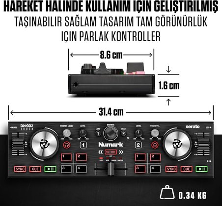 DJ2GO2 Touch – Yolculuk için mini DJ kontrol cihazı – 2 panelli USB DJ konsolu, ses arayüzü ve kapasiteli Jogwheels, 4 Pad modu; yazılım dahil