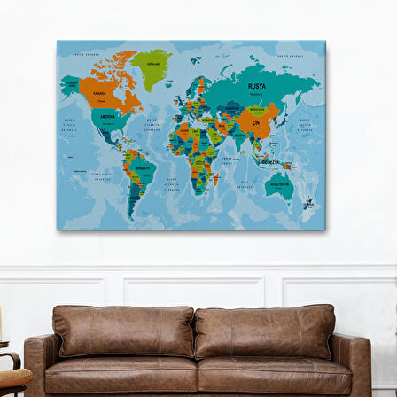 Harita Sepeti Türkçe Dünya Haritası Ülke Başkentli ve Okyanuslu Dekoratif Kanvas Tablo 2230