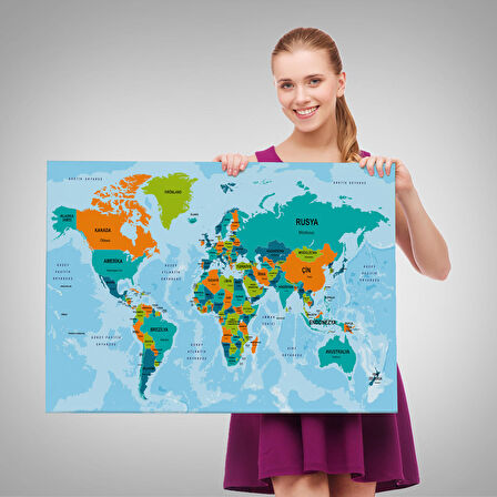 Harita Sepeti Türkçe Dünya Haritası Ülke Başkentli ve Okyanuslu Dekoratif Kanvas Tablo 2230