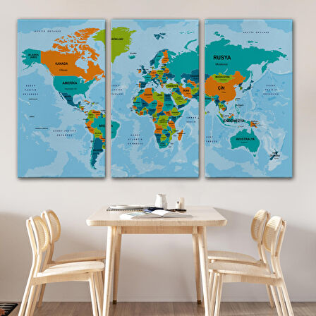 Harita Sepeti Türkçe Dünya Haritası Ülke Başkentli ve Okyanuslu Dekoratif Kanvas Tablo 2230