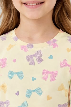 Kız Çocuk Çiçek-kurdela-kuzu Baskılı Pamuklu Pijama Takım TKM1025