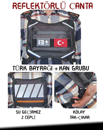 Reflektörlü Gögüs Çantası Kan Grubu B+ Türk Bayrağı Su Geçirmez Gri Turuncu