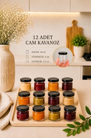 12 Adet 40 ml Siyah Metal Kapaklı Şeffaf Numune Mama Ek Gıda Şekerleme Reçellik Küçük Cam Kavanoz