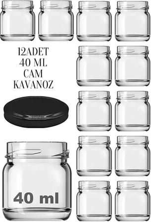 12 Adet 40 ml Siyah Metal Kapaklı Şeffaf Numune Mama Ek Gıda Şekerleme Reçellik Küçük Cam Kavanoz