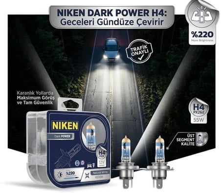 H4%220 Daha Parlak, 4500K Doğal Beyaz Işık, 12V 55W Trafiğe Çıkış Onaylı Dark Power Standart Far Uyumu, 2'li Paket