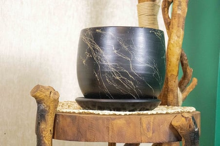 Ev Dekorasyon Siyah Üzeri Gold Tabaklı Terracota Toprak Saksı Saksılık Salon Çiçeklik 19 CM