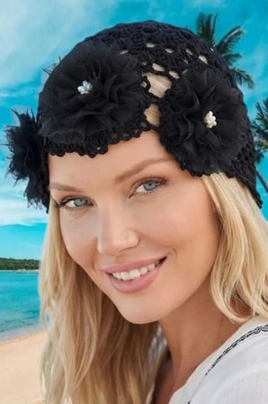 Tezzgelsin Kadın Çiçek Desenli Örgü Bere File Dokulu Bohem Plaj ve Yazlık Bandana