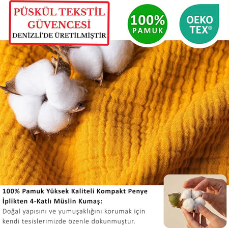 Puskul 2 Adet Muslin Yastik Kilifi Seti 4 Katli, 100% Pamuk Ultra Yumusak Muslin Kumas Yastik Kiliflari, Havadar Nem Emici Terletmeyen Yastik Kilifi (Hardal, 50X70 Cm 2'Li Yastik Kilifi Seti)