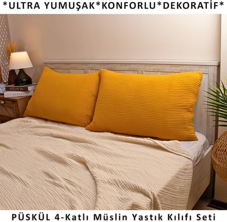 Puskul 2 Adet Muslin Yastik Kilifi Seti 4 Katli, 100% Pamuk Ultra Yumusak Muslin Kumas Yastik Kiliflari, Havadar Nem Emici Terletmeyen Yastik Kilifi (Hardal, 50X70 Cm 2'Li Yastik Kilifi Seti)