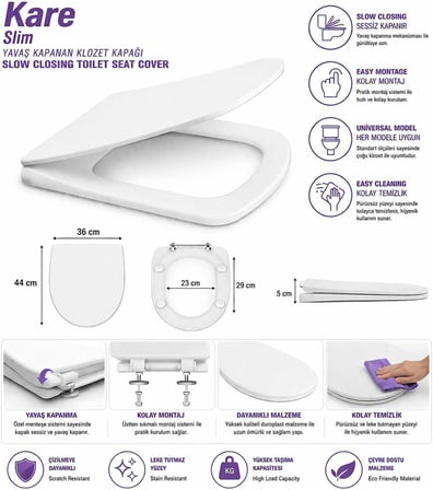 Kare Slim Ultra İnce Yavaş Kapanan Klozet Kapağı, Soft Close Sessiz Mekanizma, Kaymaz Tabanlı Sabit Duruş, Dayanıklı Durolast Malzeme, Kolay Montajlı Universal Uyumlu WC Kapak, Hijyenik ve Uzun Ömürlü
