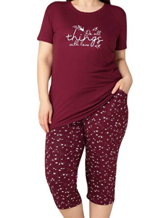 Kadın Bisiklet Yaka Düğmesiz Battal Kesim Viskon Kısa Kol Kapri Cepli Büyük Beden Pijama Takımı