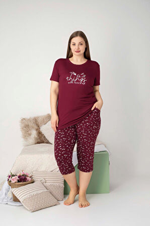 Kadın Bisiklet Yaka Düğmesiz Battal Kesim Viskon Kısa Kol Kapri Cepli Büyük Beden Pijama Takımı