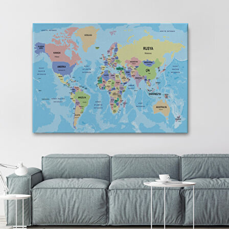 Harita Sepeti Türkçe Dünya Haritası Ülke Başkentli ve Okyanuslu Dekoratif Kanvas Tablo 2232