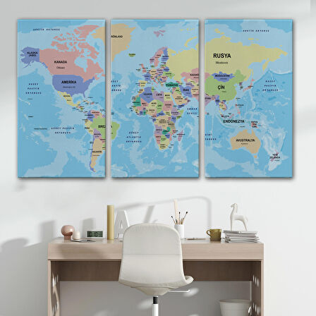 Harita Sepeti Türkçe Dünya Haritası Ülke Başkentli ve Okyanuslu Dekoratif Kanvas Tablo 2232