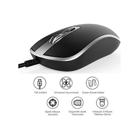 Lecoo MS104 USB Kablolu 1600DPI 4 Tuşlu PC, Mac, Dizüstü Bilgisayar ile Uyumlu Optik Mouse