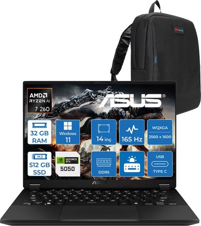 Asus Tuf Gaming A14 FA401UH Amd Aı Ryzen 7 260 32GB Ddr5  512GB SSD 8GB/RTX5050 115W 14-Inch, 165Hz 2.5k (2560 x 1600, 400NITS Wqxga WIN11PRO Gaming Laptop ZRG02P02+ZETTAÇANTA