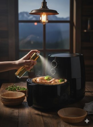 Yağ Püskürtücü Sprey ve 50’li Airfryer Kağıdı Seti – Yapışmaz Pişirme Kağıdı + Sprey Yağ Şişesi – Yağsız Pişirme, Kolay Temizlik, Sağlıklı Tarifler için Mutfak Seti