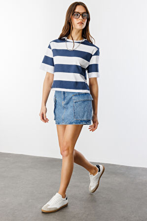 Boxy Fit Bisiklet Yaka Çizgili Basic Kısa Kollu Tişört CROP-ÇİZGİLİ