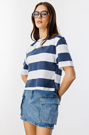 Boxy Fit Bisiklet Yaka Çizgili Basic Kısa Kollu Tişört CROP-ÇİZGİLİ