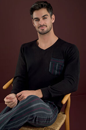 Erkek V Yaka Düğmesiz Göğüs Cepli Yumuşak Termal Bilek Manşetli Kışlık Uzun Kol Cepli Pijama Takımı 