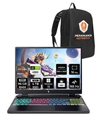 Acer Nitro 16 R7 8845HS 96GB 4TB SSD RTX4060/8GB 165Hz WQXGA 16" W11P Gaming Laptop & PER4 ÇANTA
