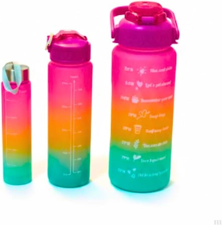 3’lü Renkli Suluk Seti – Motivasyonlu Spor Matara Seti | 2L, 900ml ve 300ml Su Şişesi | Sızdırmaz, Dayanıklı, Şık Tasarım (Pembe-Turuncu-Yeşil)