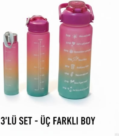 3’lü Renkli Suluk Seti – Motivasyonlu Spor Matara Seti | 2L, 900ml ve 300ml Su Şişesi | Sızdırmaz, Dayanıklı, Şık Tasarım (Pembe-Turuncu-Yeşil)
