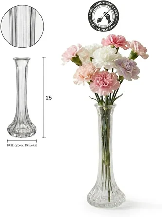 El Yapımı Üfleme Cam Karanfillik ve Vazo - Şeffaf Dekoratif İnce Çiçek Vazosu, 1 Adet (10x25 cm - Asorti Model Gönderimi)