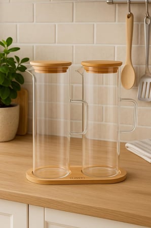 Lavino 3 Parça 400 ML Borosilikat Yağlık - Bambu Altlık Ve 2 Adet Bambu Kapaklı Cam Yağdanlık