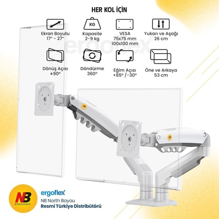North Bayou NB F160 Ergonomic Çift Kol 2-9 kg Kapasiteli Yeni Nesil Profosyonel Monitör Standı (Beyaz)