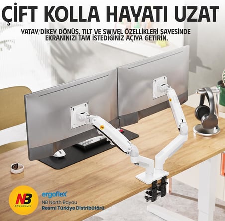 North Bayou NB F160 Ergonomic Çift Kol 2-9 kg Kapasiteli Yeni Nesil Profosyonel Monitör Standı (Beyaz)
