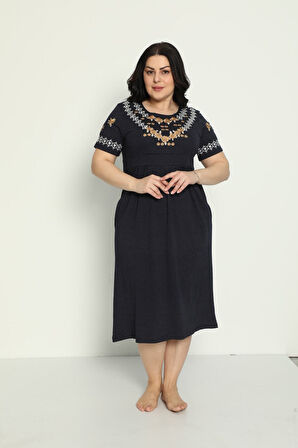 Kadın Cepli Nakış Detaylı Penye Modal Büyük Beden Elbise