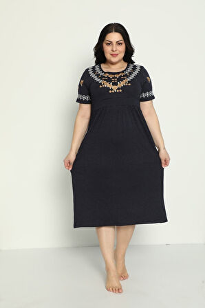 Kadın Cepli Nakış Detaylı Penye Modal Büyük Beden Elbise