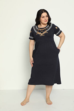 Kadın Cepli Nakış Detaylı Penye Modal Büyük Beden Elbise