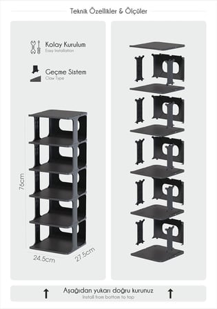 Modern 5 Katlı Ayakkabılık, Portatif Ayakkabı Rafı, Kolay Kurulum, 76x24.5x27.5 cm, 6 Raf ve Destek Parçaları ile (GRİ)