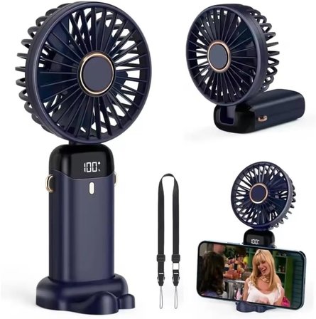 5 Kademeli Şarjlı Mini El Vantilatörü – Dijital Göstergeli, Telefon Tutuculu, Boyun Askılı Taşınabilir Fan (SİYAH)