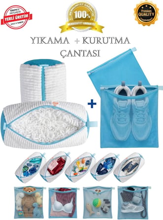 Çok Amaçlı Yıkama Çantası ve Kurutma Filesi, 2'si 1 Arada Takım, Mavi, XL Boyut