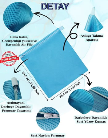 Çok Amaçlı Yıkama Çantası ve Kurutma Filesi, 2'si 1 Arada Takım, Mavi, XL Boyut
