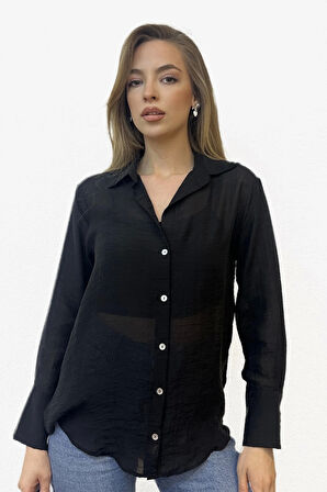 Transparan Siyah Saten Gömlek