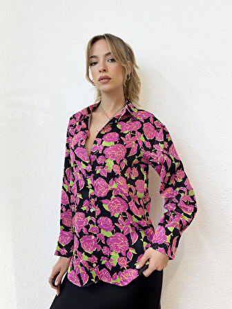 Çiçek Desenli Pembe Saten Gömlek