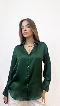 V Yaka Basic Saten Yeşil Gömlek