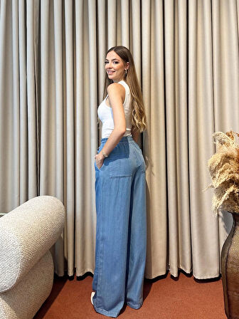 Beli Lastikli Önü Bağlamalı Bol Paça Pantolon