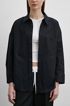 Likralı Siyah Poplin Gömlek