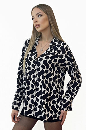 Oversize Grafik Desenli Siyah Gömlek