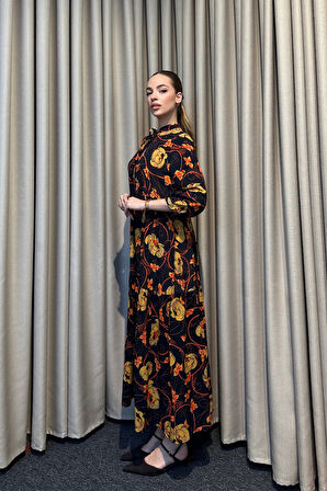 Hakim Yaka Desenli Lacivert Maxi Elbise