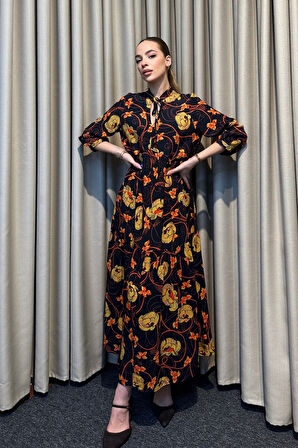 Hakim Yaka Desenli Lacivert Maxi Elbise