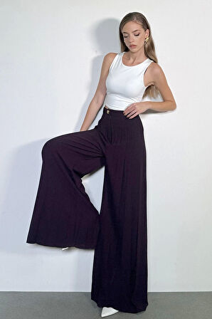 Düğme Detaylı Geniş Paça Mürdüm Pantolon